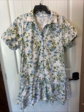 crown & ivy White Floral Mini Dress with Blue and Green Print